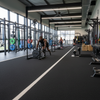 Commercial gym sled training stations on black turf track