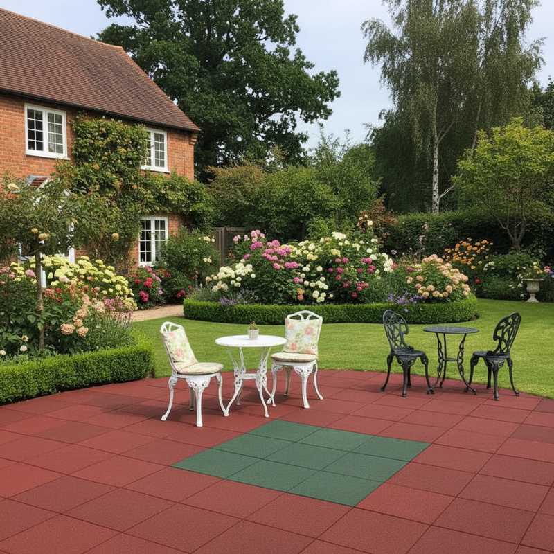 SafeStep rubber paving slabs on British garden patio with outdoor furniture