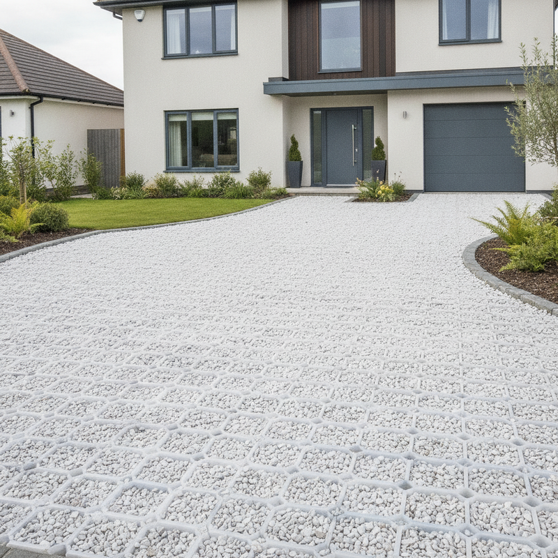 Natural white X-Grid ground reinforcement grid installed as premium white gravel driveway at modern UK property