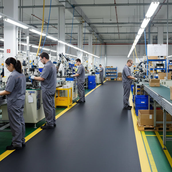 Anti-fatigue mat with yellow borders on long edges - production line