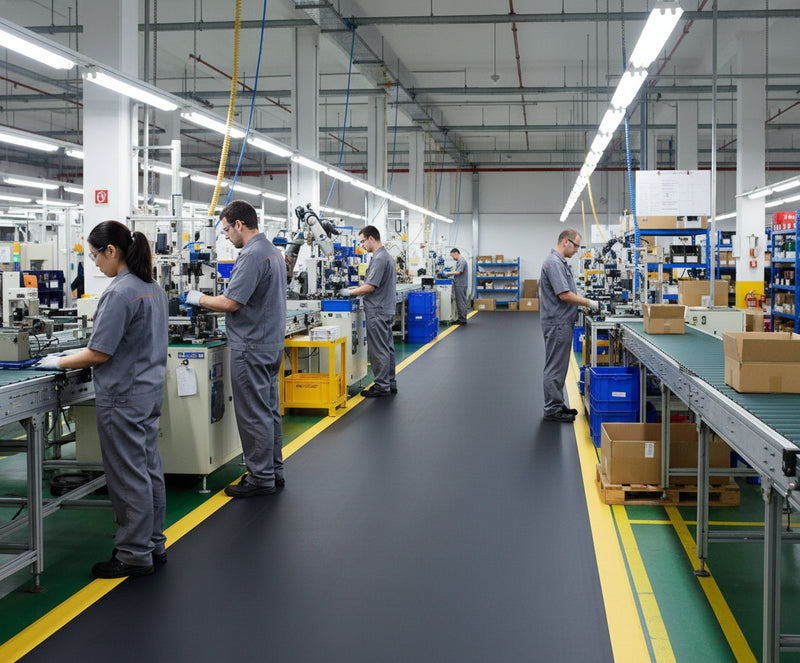 Anti-fatigue mat with yellow borders on long edges - production line