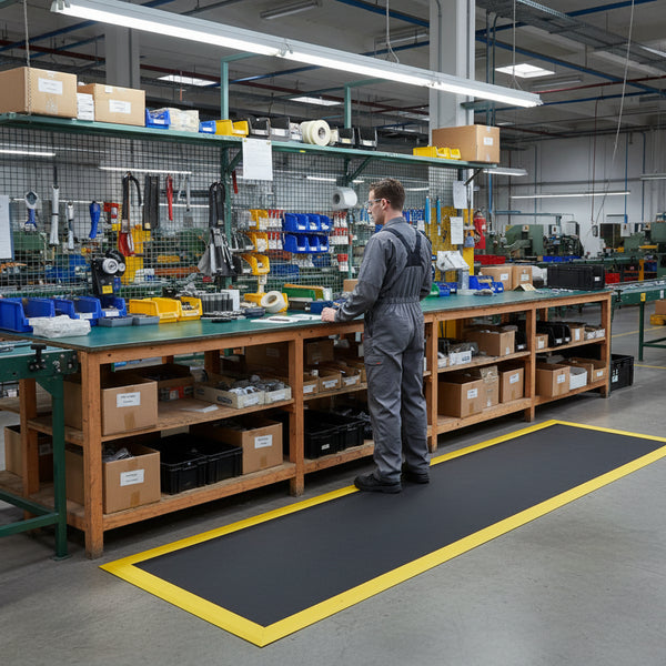 Anti-fatigue mat with yellow borders at factory workstation UK