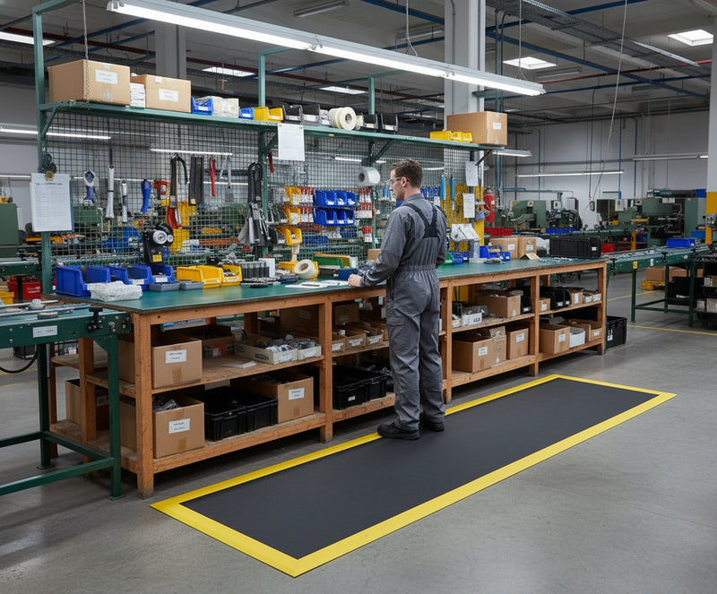 Anti-fatigue mat with yellow borders at factory workstation UK