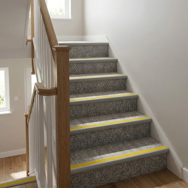 Grey yellow hi-vis bullnose stair nosing UK commercial office staircase