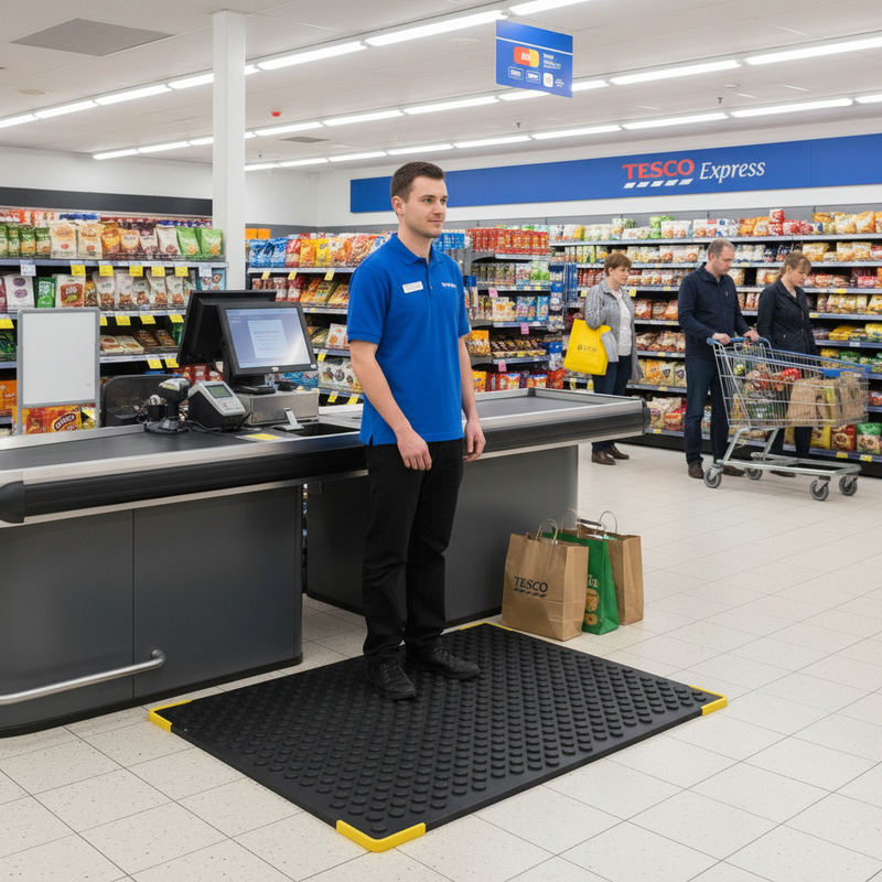 ErgoStand Pro bubble top mat at UK supermarket checkout - retail standing comfort mat