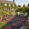 Outdoor Rubber Garden Patio Tiles 30mm installed in British cottage garden with flowering borders