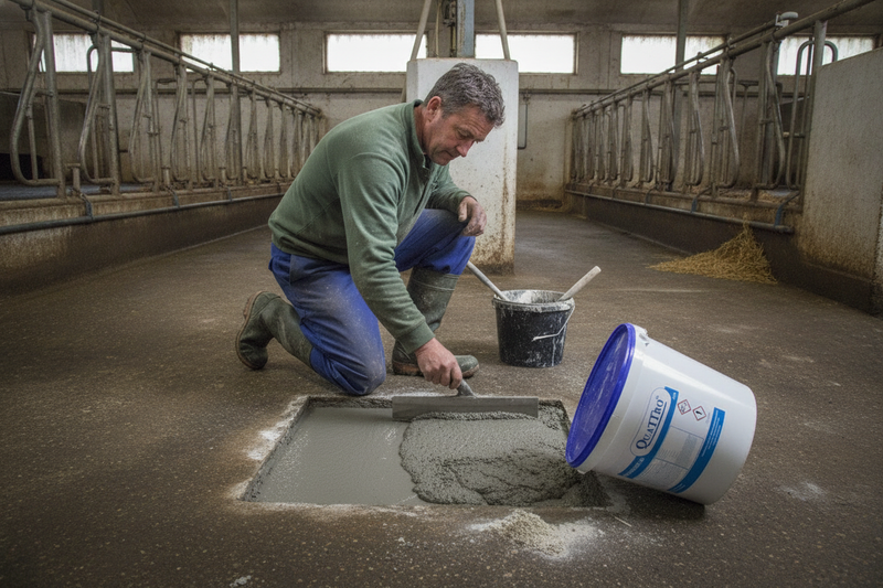 SpeedScreed HD 25kg rapid setting concrete screed in use on UK dairy parlour floor repair