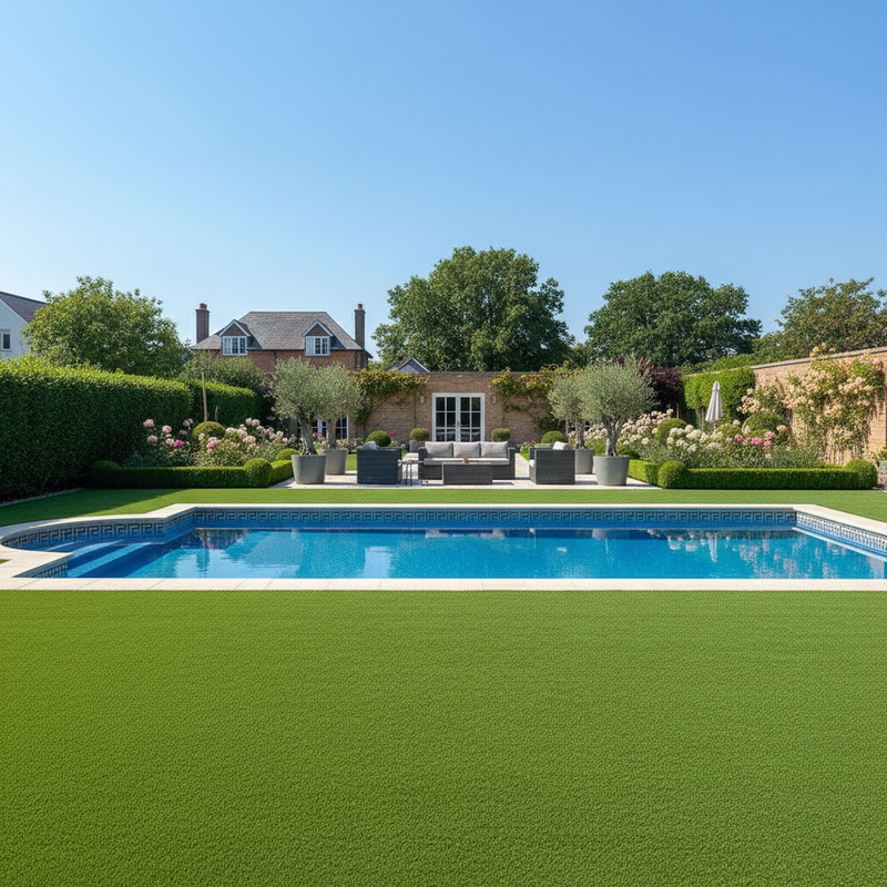 Non-slip artificial grass around luxury UK swimming pool with loungers