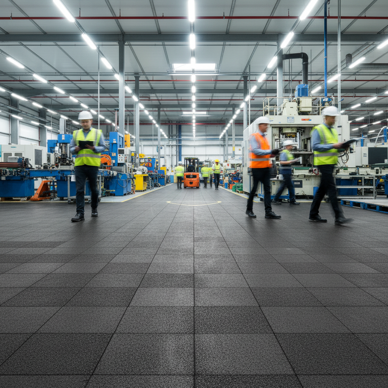 SafeStep 30mm industrial safety rubber tiles on UK factory production floor with workers
