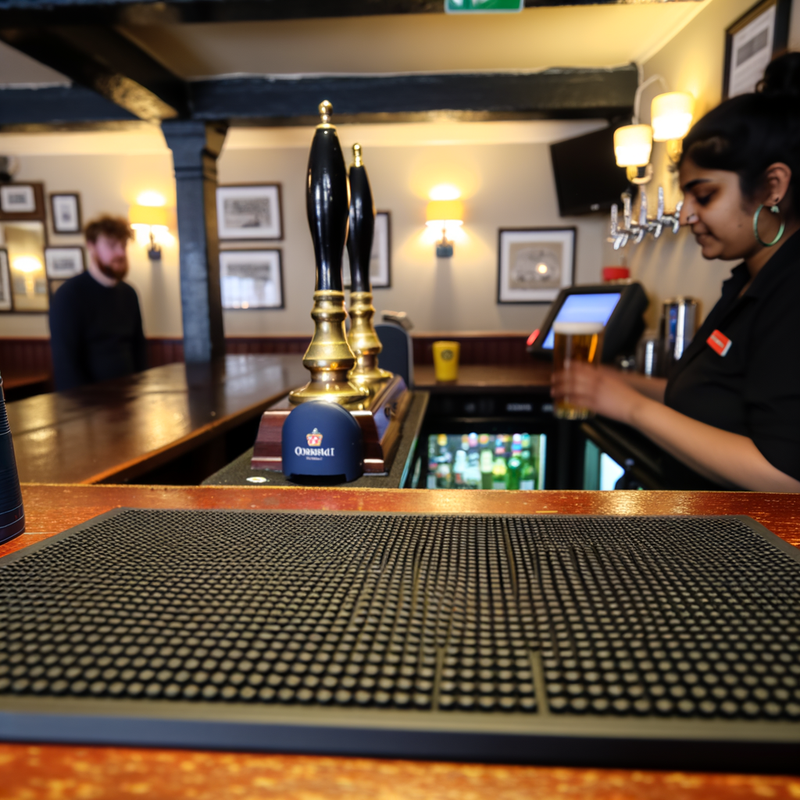 Bartender serving drinks with bar runner mat on counter