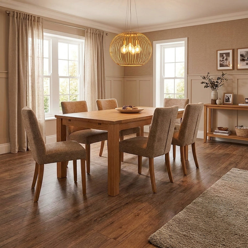 Brown wood grain vinyl planks in warm UK dining room