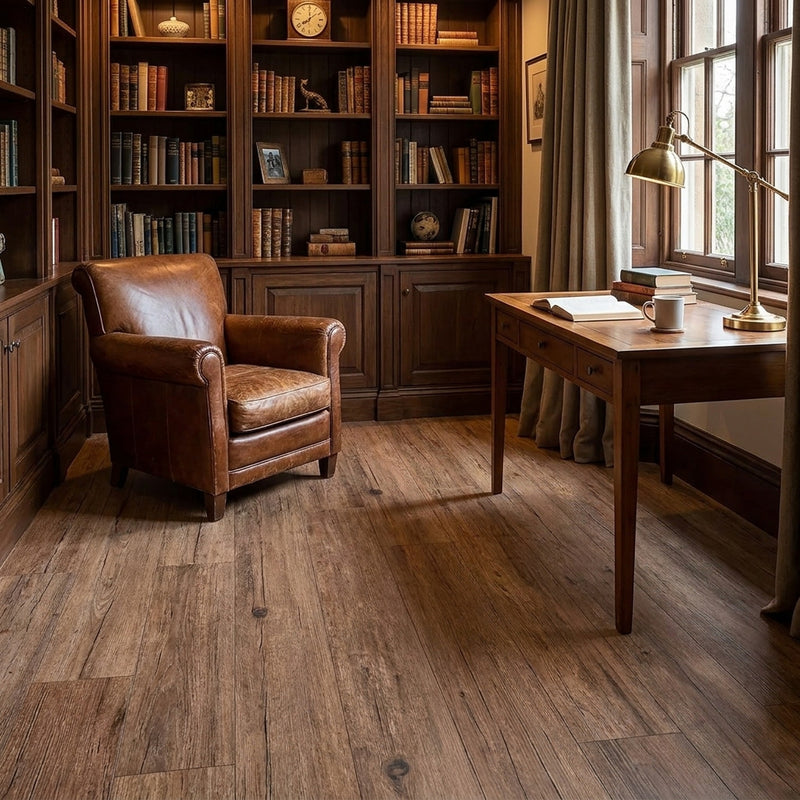 Brown wood grain self-adhesive vinyl planks in UK home study