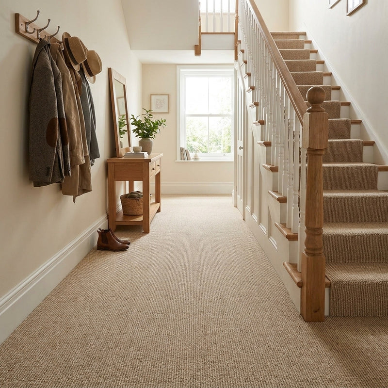 Carpet tiles in UK hallway with coat rack and staircase