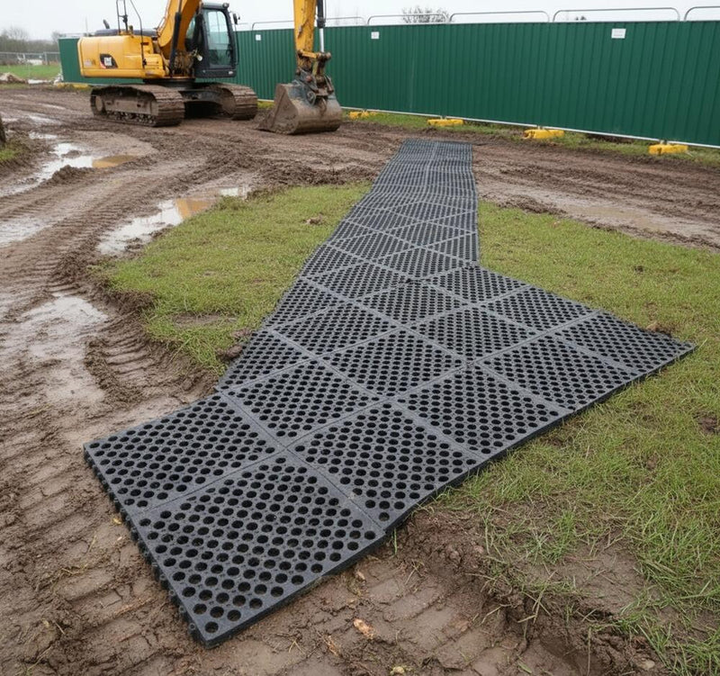 Rubber grass mats creating construction site access route - ground protection for contractors