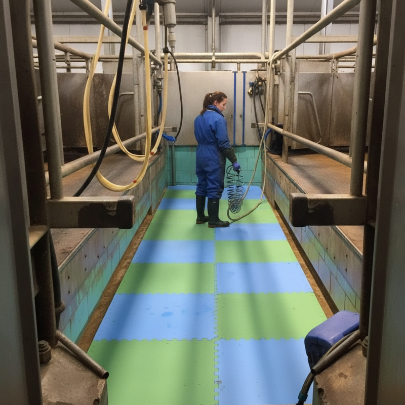 20mm Anti-Fatigue EVA Foam Parlour Pit Tile in UK milking parlour with operative standing