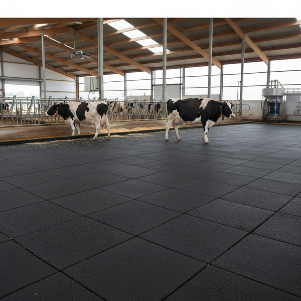 StableFlex Black Rubber Cow Mattress 30mm installed in dairy farm