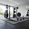 Grey protective floor mat in home gym under weights
