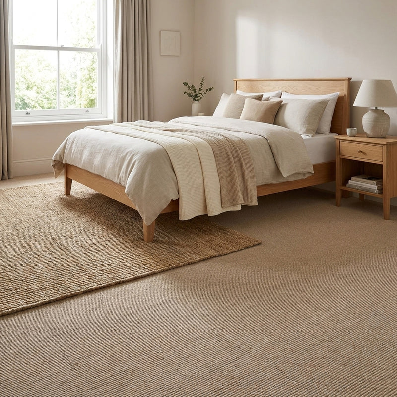 Khaki peel and stick carpet tiles in UK bedroom