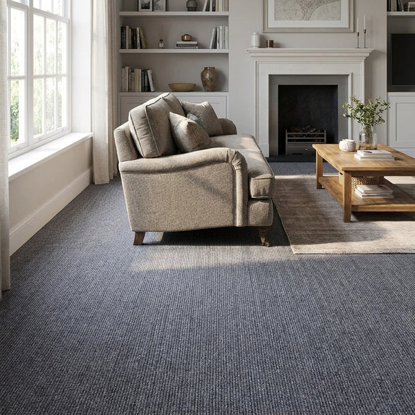 Grey self-adhesive carpet tiles in UK living room