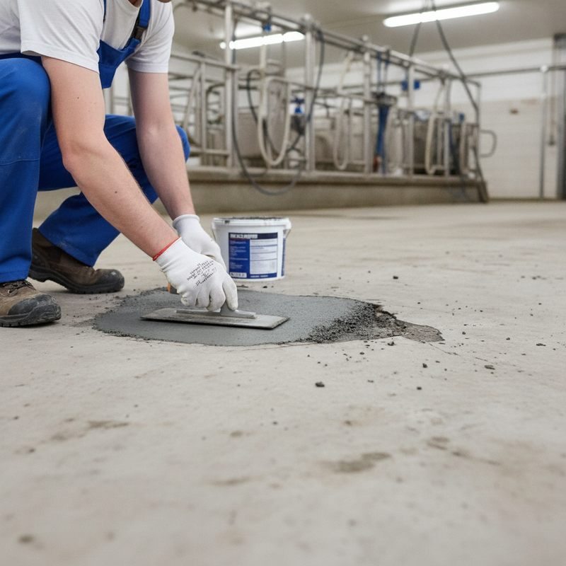 Floor Repair PU Mortar polyurethane concrete repair applied in UK dairy parlour industrial floor