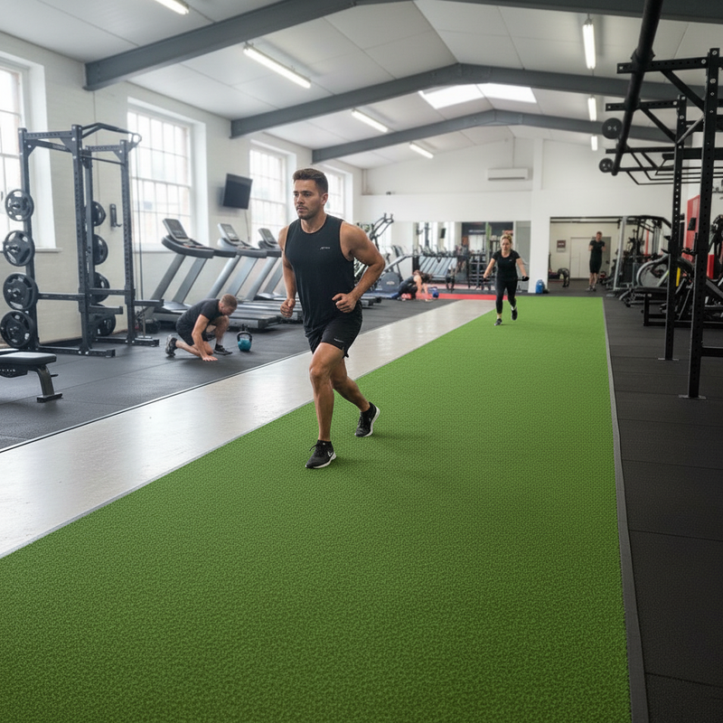 Professional gym sprint track with athletes training in CrossFit box
