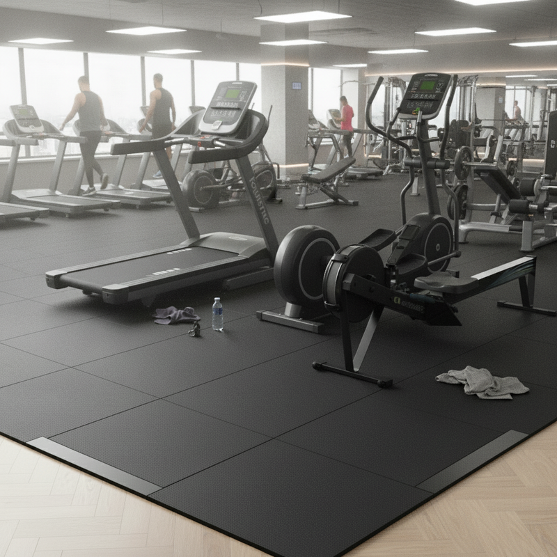 GymGuard Essential 12mm Rubber Gym Floor Tiles 50cm x 50cm - Commercial Gym Setting