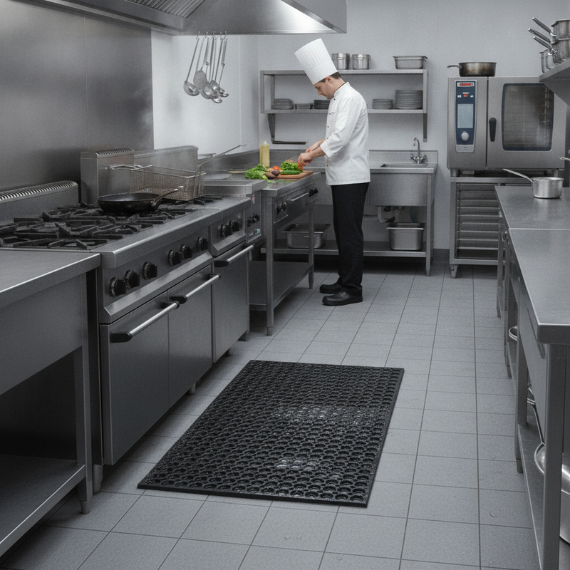 Recycled Rubber Honeycomb Door Mat with Drainage Holes - Commercial Kitchen Setting