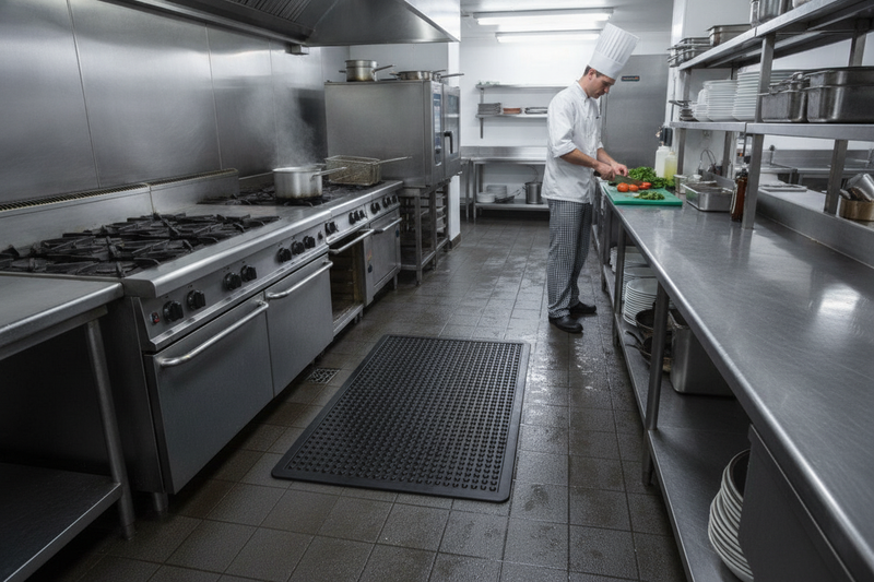 Anti-Fatigue Bubble Mat 90×120cm – Ergonomic Rubber Standing Mat for Workplace - Commercial Kitchen Setting