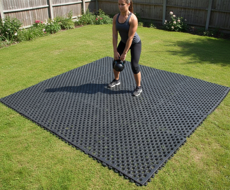 CrossFit outdoor gym rubber grass mat - interlocking hexagonal drainage tiles