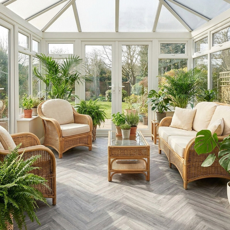 Wood effect cushion vinyl flooring roll in UK conservatory