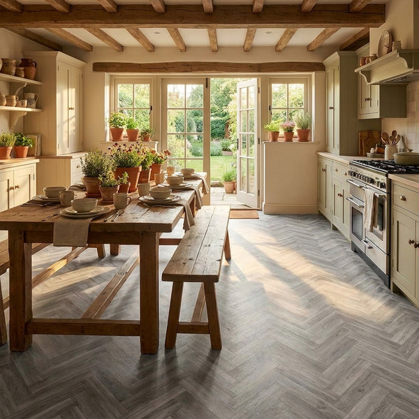 Cushion-backed vinyl flooring roll installed in UK kitchen diner