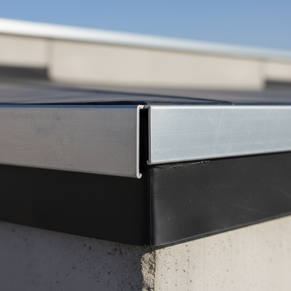 Aluminium gutter trim detail on EPDM flat roof edge