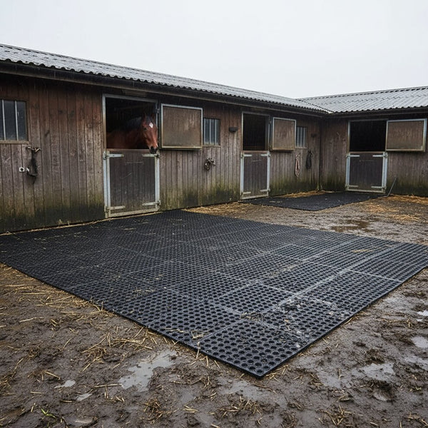 Rubber grass mat at equestrian stable providing safe horse-friendly ground protection