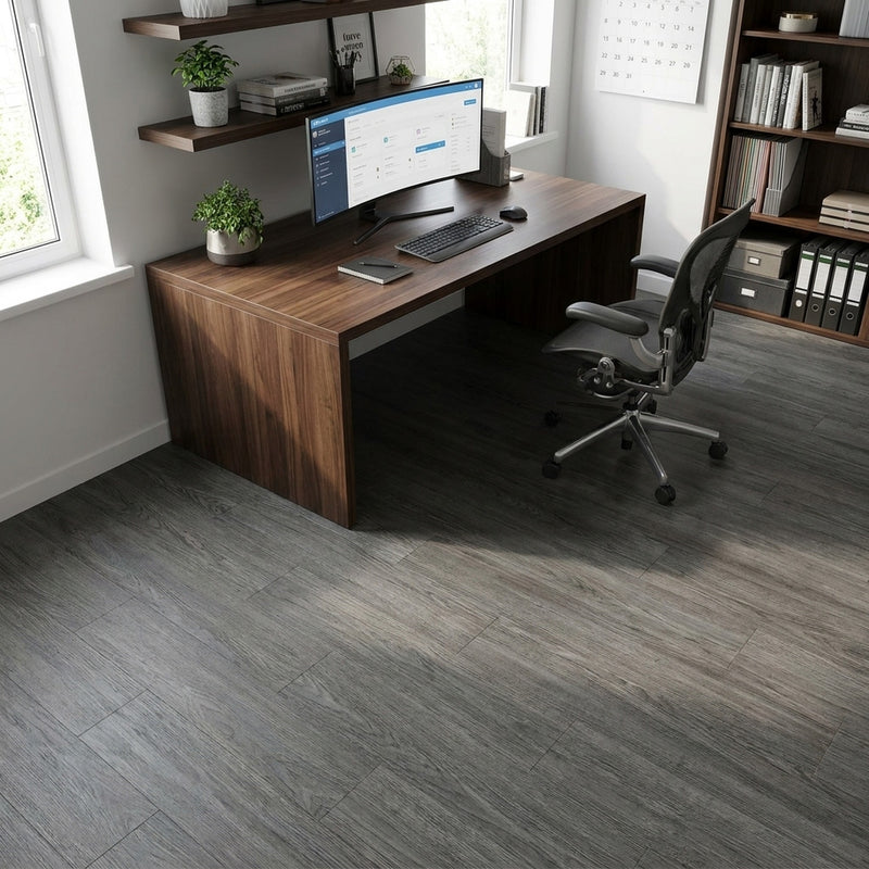 Dark grey wood effect vinyl planks in UK home office