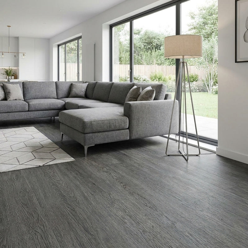 Dark grey peel and stick vinyl planks in UK open plan living room