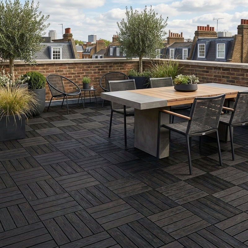 Ebony composite WPC decking tiles on UK roof terrace