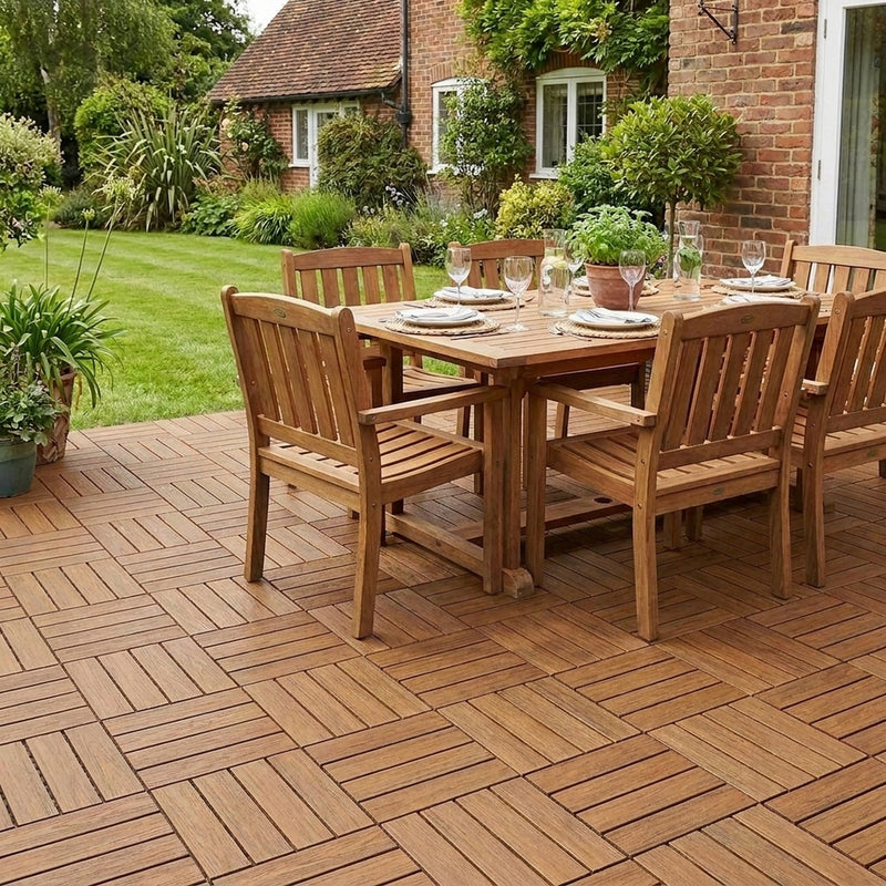 Teak brown composite WPC decking tiles on UK garden patio