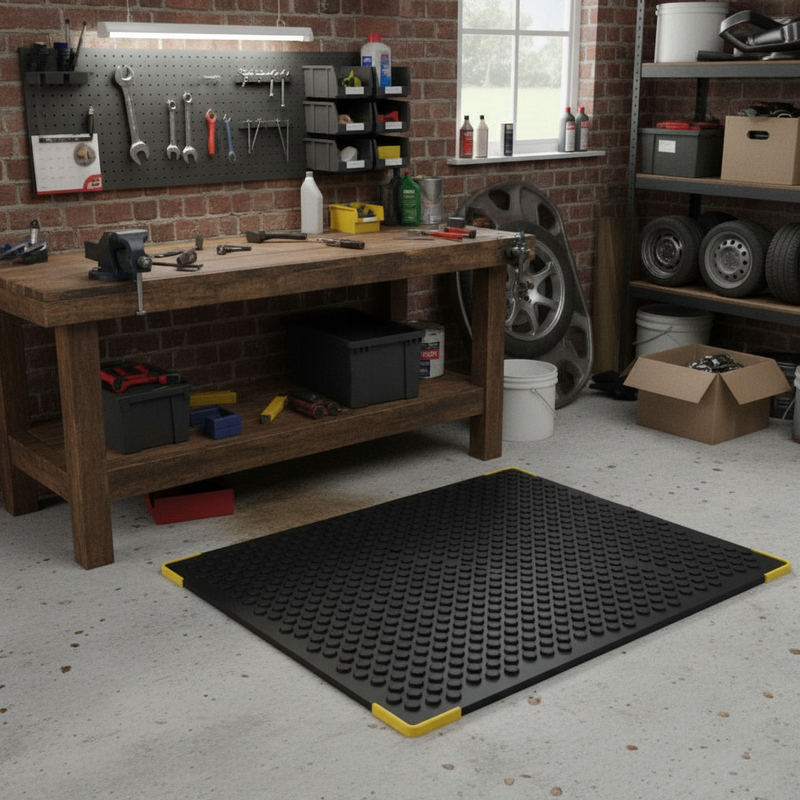 Bubble top anti-fatigue mat in British workshop - garage workbench standing mat UK