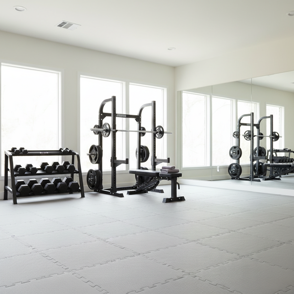 Dove Grey EVA Foam Floor Tiles in Modern Home Gym - 14mm Thick Interlocking