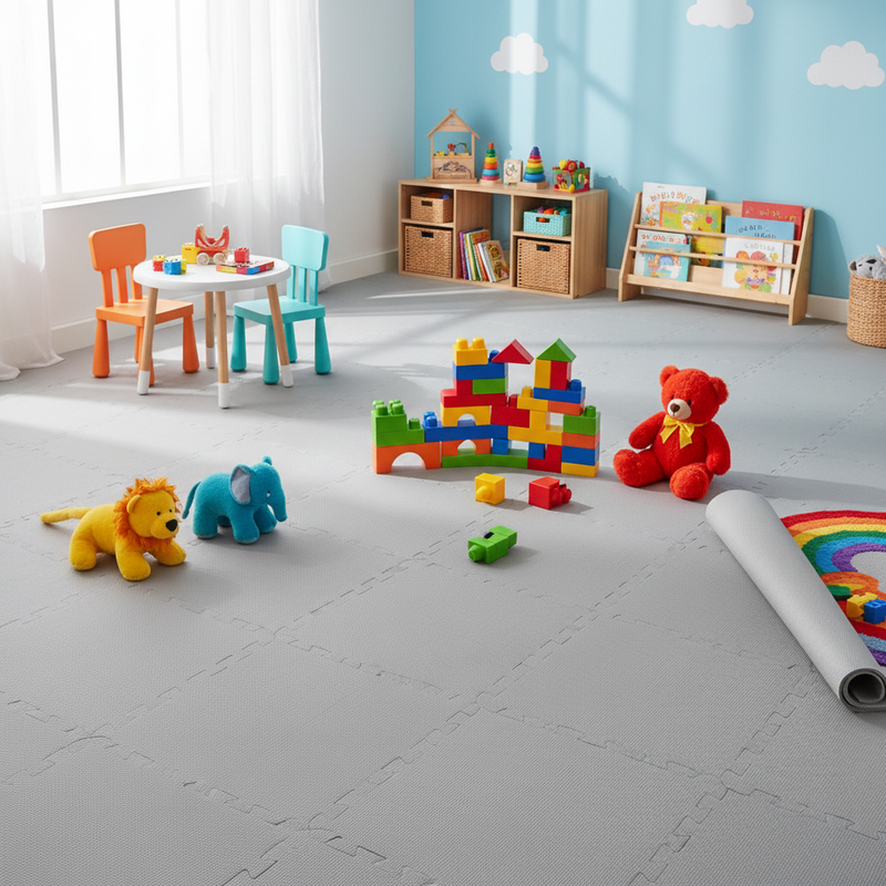 Dove Grey EVA Foam Floor Tiles in Children's Playroom - EN71 Safe Non-Toxic