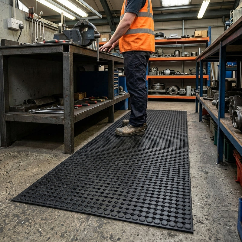 Drainage Workplace Mat in UK industrial workshop — black rubber anti-slip matting with hexagonal stud surface and drainage holes