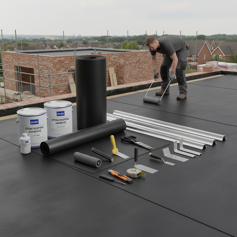 EPDM roofing tools in use on flat roof membrane installation UK