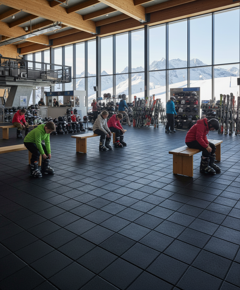 Ski equipment rental shop rubber floor tiles winter sports facility