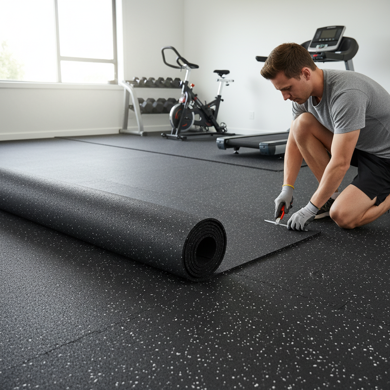 MatPro Fleckz Rubber Roll being installed in home gym