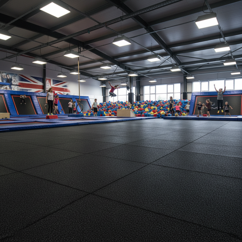 SafeStep 63mm rubber flooring tiles in British trampoline park facility