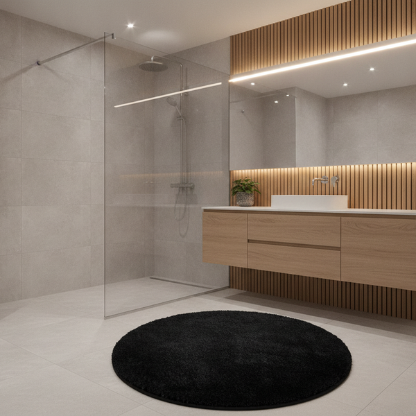 Round Shaggy Bath Mat 120cm Black – Fluffy Non-Slip Washable - Ensuite Setting