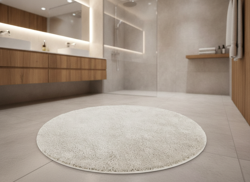 Round Fluffy Bathroom Rug 120cm Ivory – Non-Slip Washable Sh - Ensuite Setting