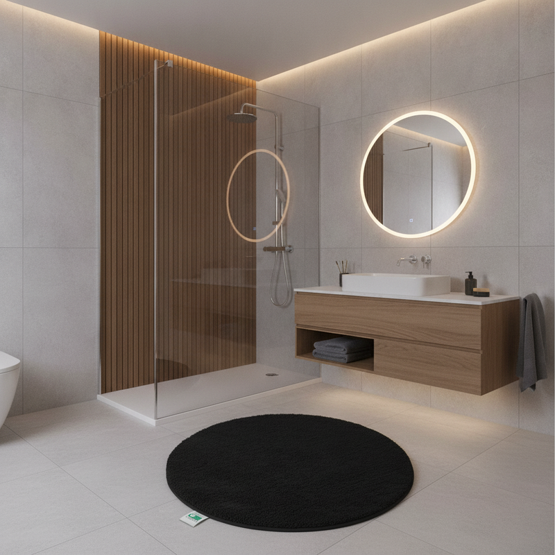 Round Microfibre Bath Mat Black 95cm – Deep Pile Non-Slip Ba - Ensuite Setting