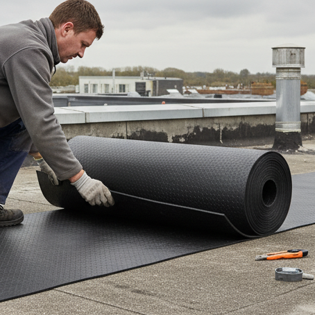 Worker Installing EPDM Rubber Roll on Flat Roof - Weather Resistant UK