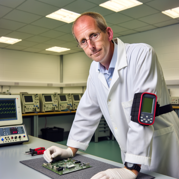 British electronics technician using anti-static ESD workbench mat in UK lab